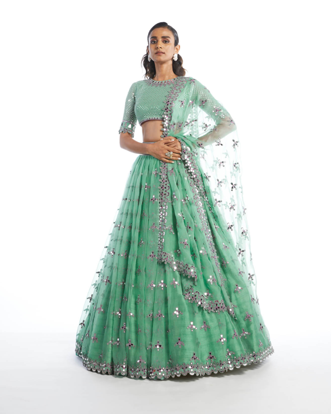 Vvani Vats -  Dull Mint Kinfe Pleated Lehanga Set from Chamak