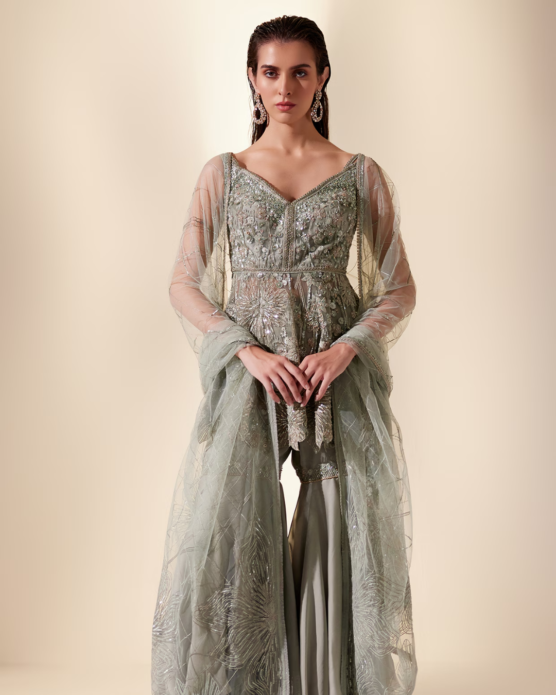 Adaara Couture - Mint Silk Organza & Net Hand Embroidered Sharara Set