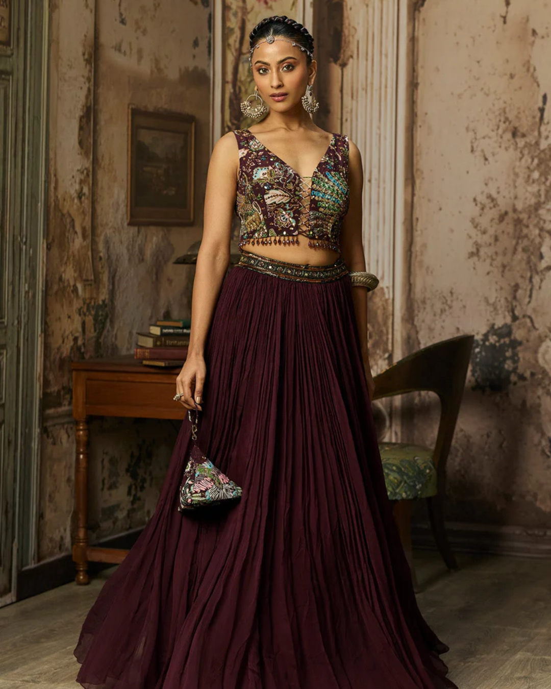 Diya Rajvvir - Plum Print And Highlighted Blouse With Skirt Set from Bahaar