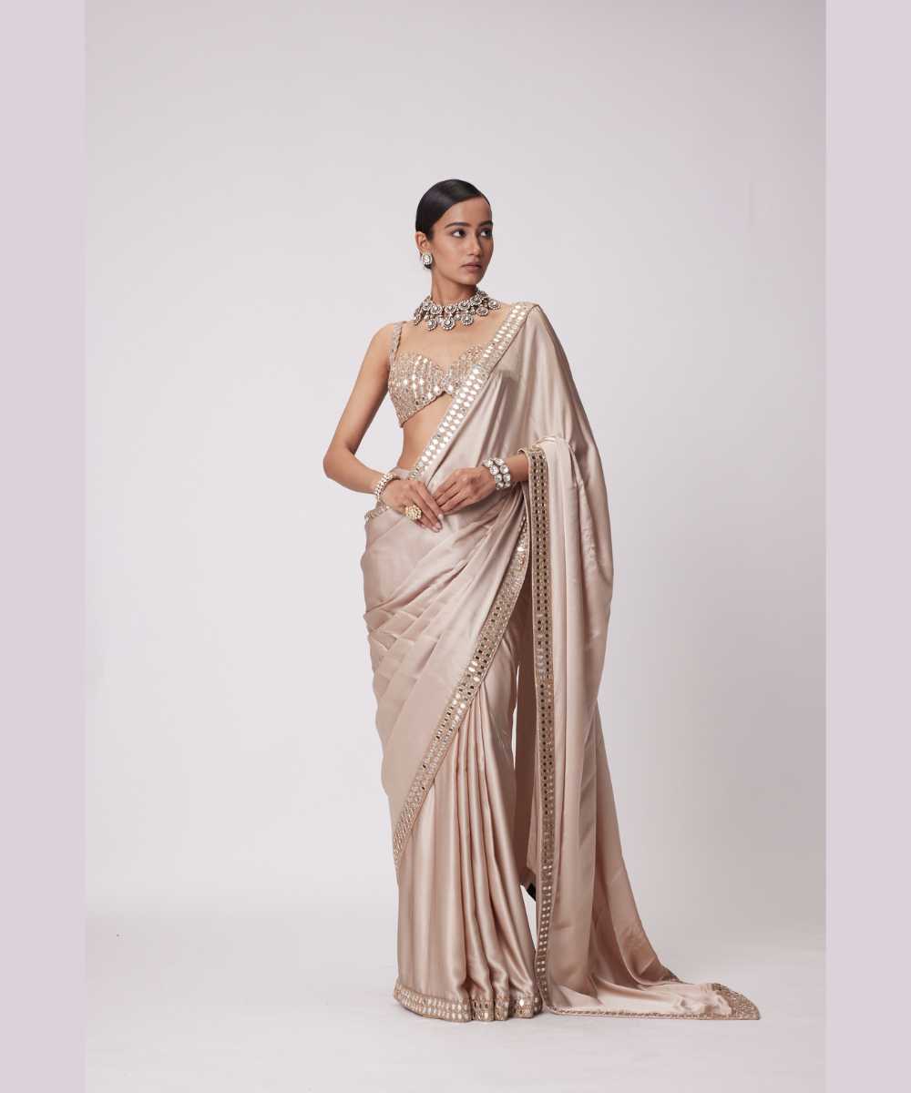 LIGHT BEIGE SATIN SAREE SET - Jugmug Bride by Vvani Vats