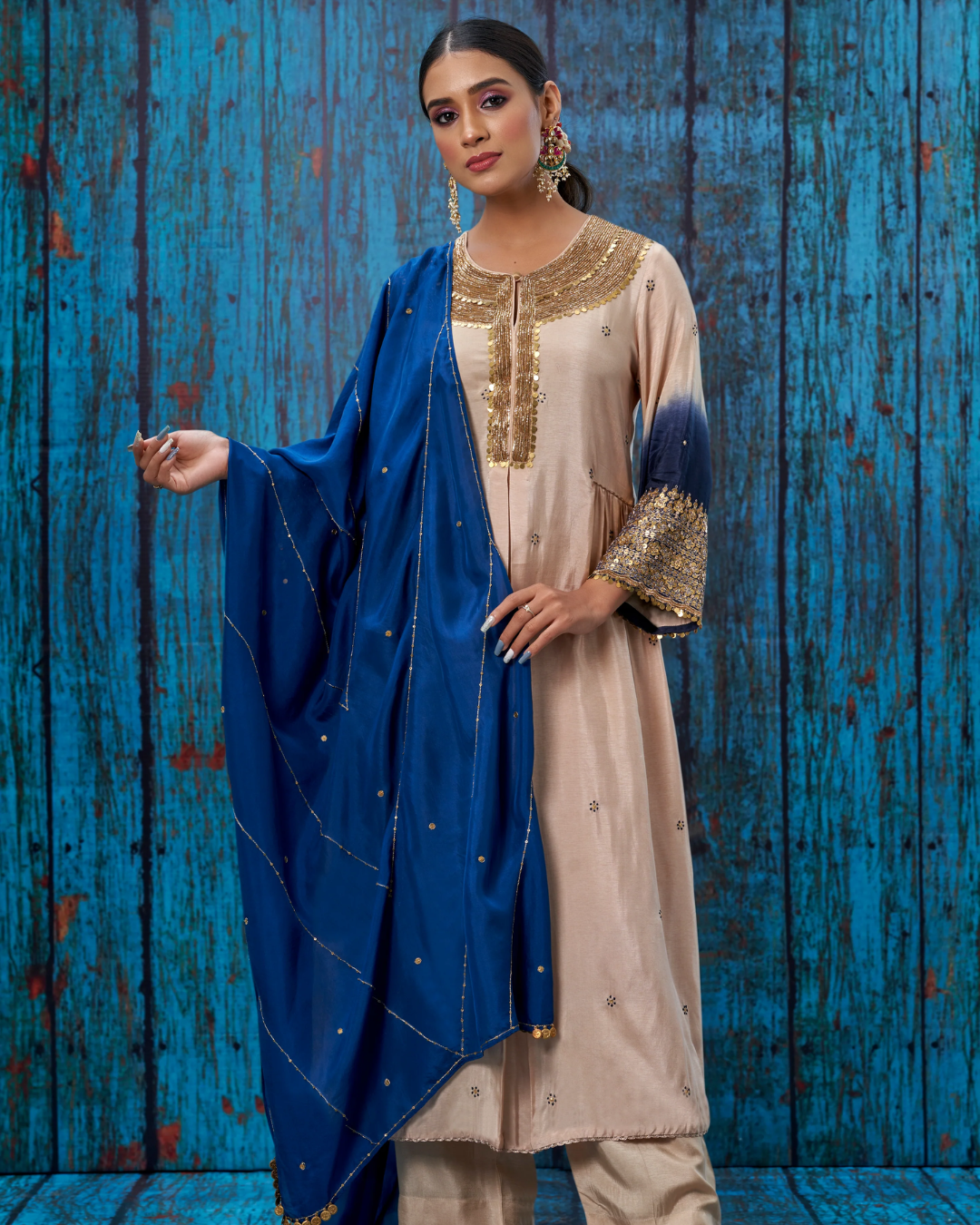 Niti Bothra - Ivory Blue Ombre Heavy Pitta Neck & Marodi Sleeves Kurta Set (Sale Piece)