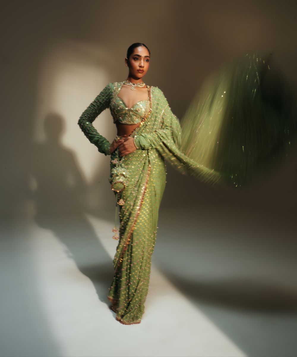 UNNATI - HEAVY HAND EMBROIDERED PREDRAPED SAREE PAIRED WITH FULL SLEVEES BLOUSE - Mehfil by Mahima Mahajan