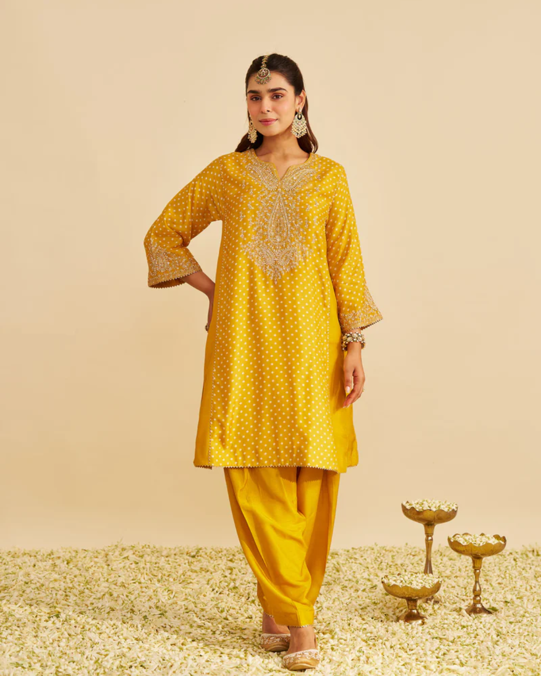 Sheetal Batra - Kayra Heirloom Mustard Short Gathered Chauga With Salwar from Gulbandh