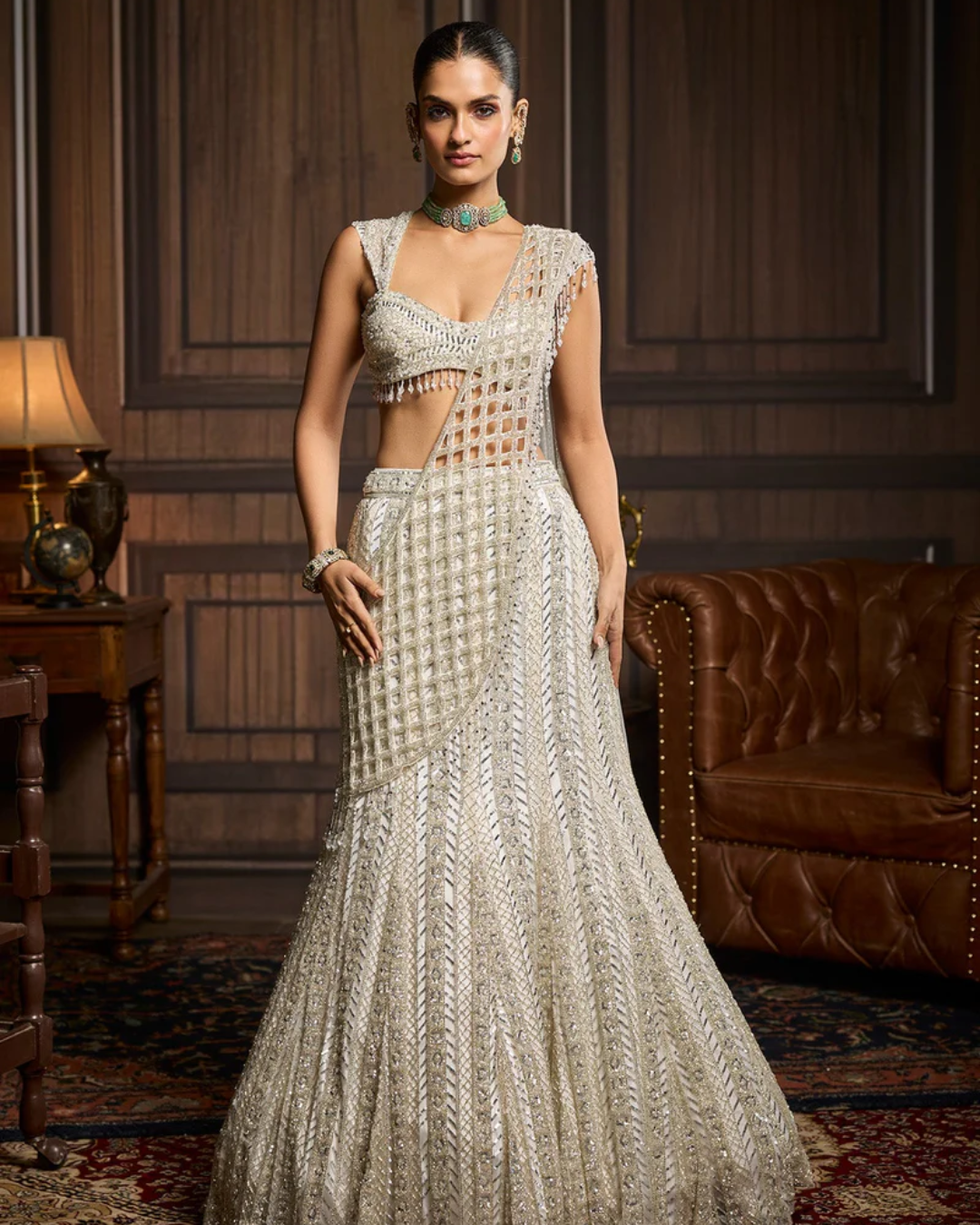 Diya Rajvvir - Silver Embellished Mermaid Skirt Saree Set from Taara