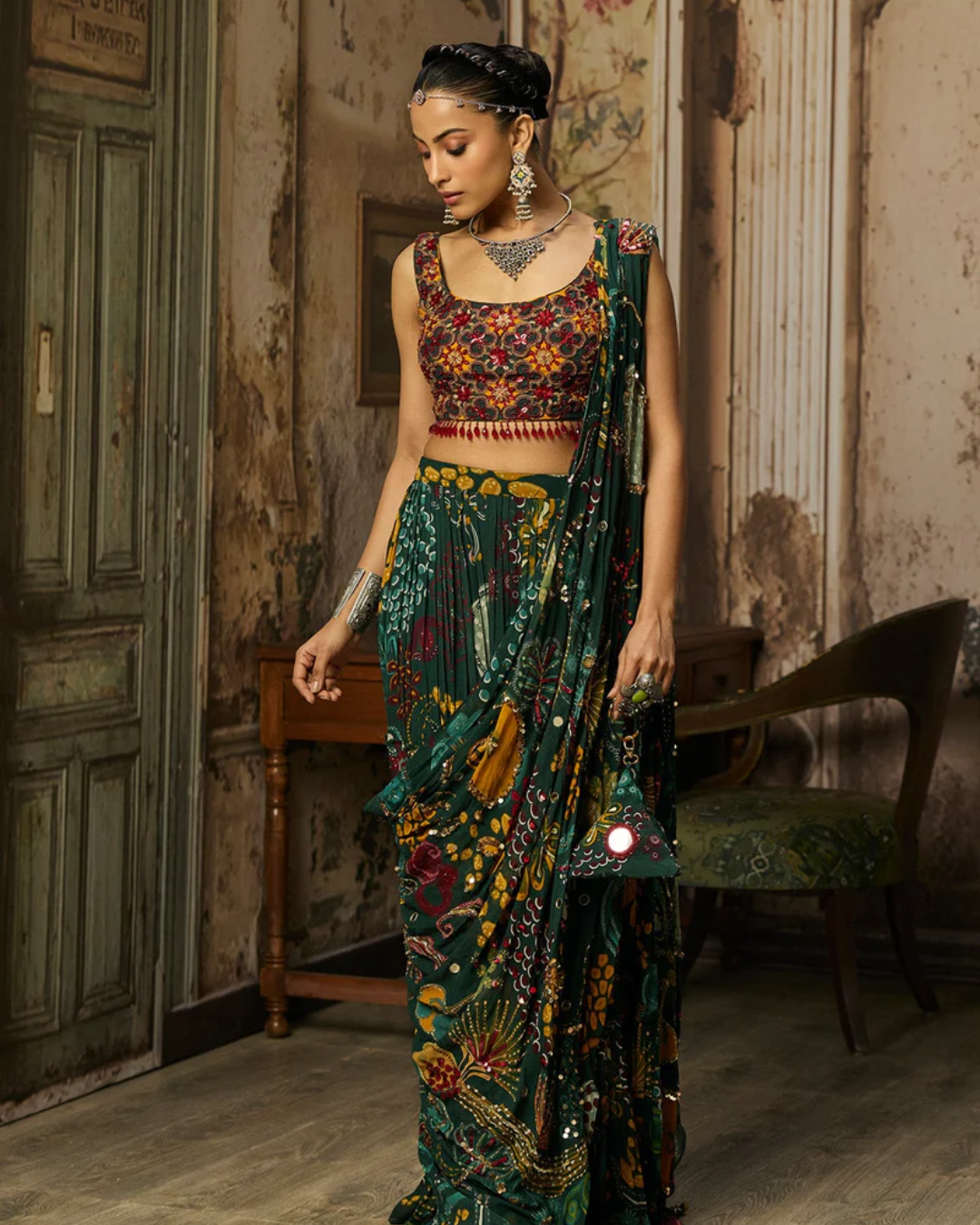 Diya Rajvvir - Dark Green Printed And Highlighted Tiered Skirt Saree Set from Bahaar