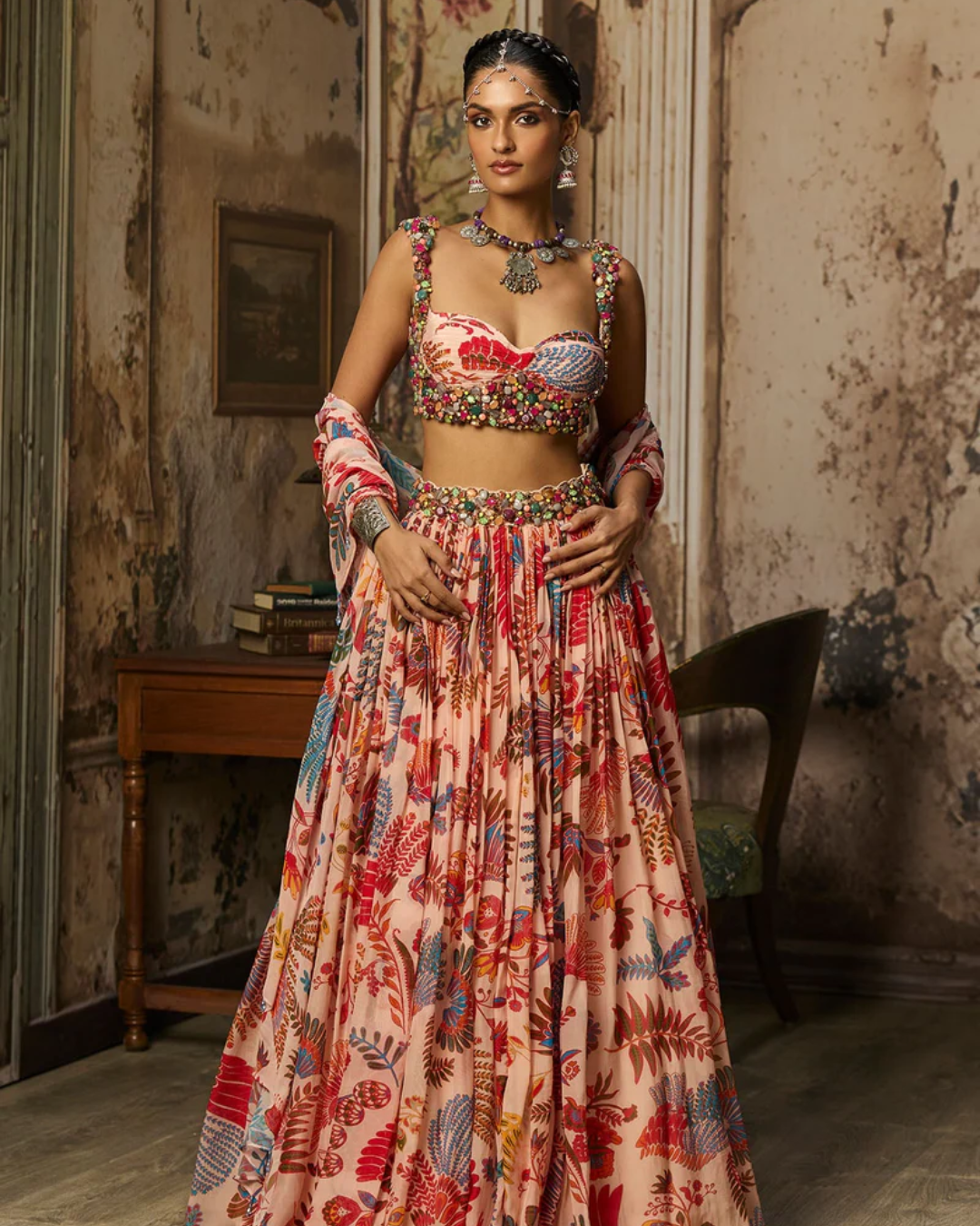 Diya Rajvvir - Blush Pink Stone Embroidered Blouse With Printed Lehenga Set from Bahaar
