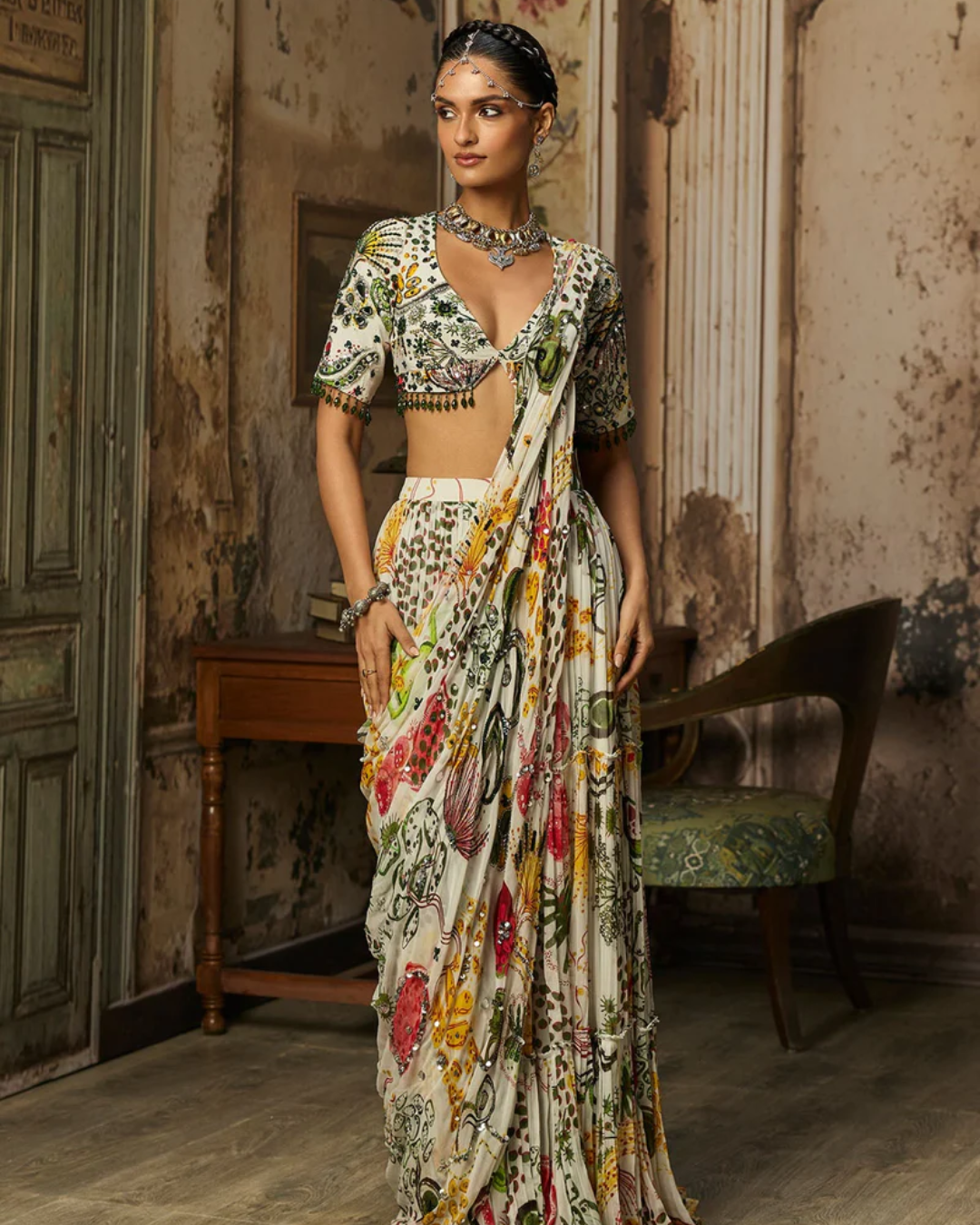 Diya Rajvvir - Ivory Print And Highlighted Tiered Skirt Saree Set from Bahaar
