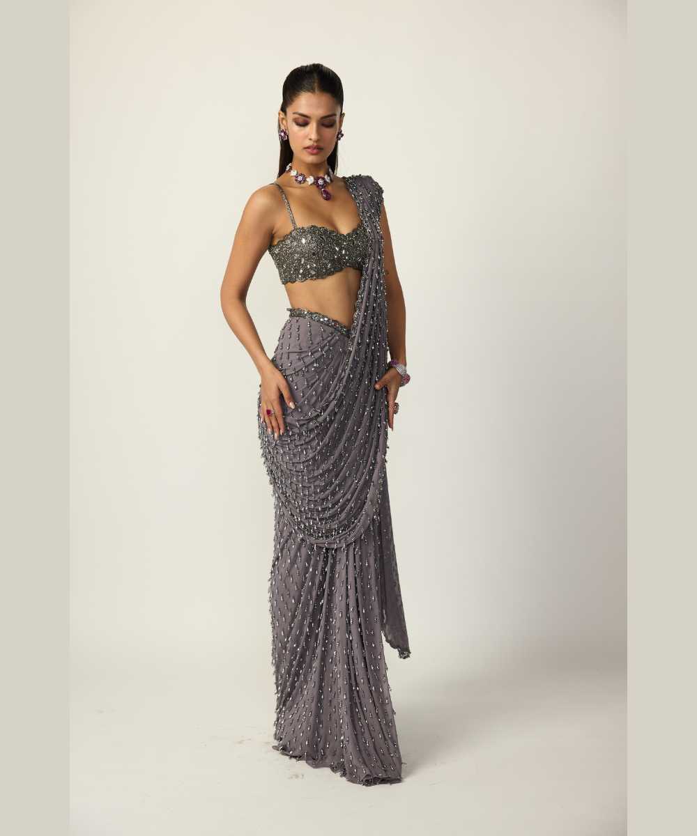 Metallic Grey Single Drop Draped Saree Set