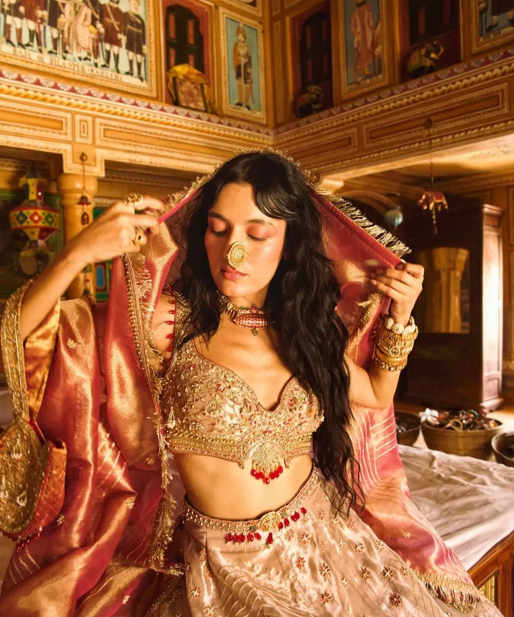 Aditi Gupta - Rose Gold pure zari tissue with rose pink tissue dupatta Lehenga Set
