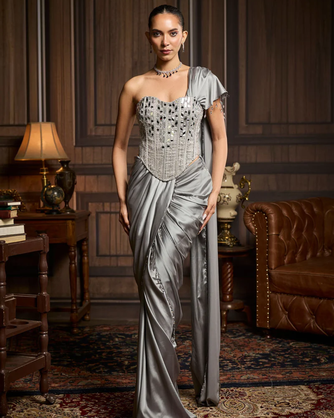 Diya Rajvvir - Silver Embellished Blouse And Pre Draped Saree Set from Taara