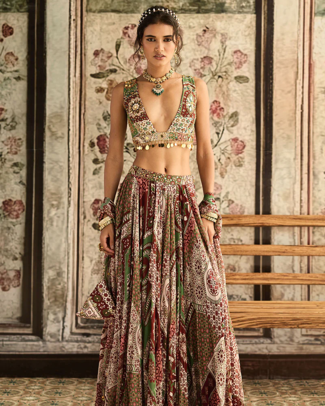 Diya Rajvvir - Sage-Maroon Print And Highlighted Lehenga Set from Bahaar (Sale Piece)