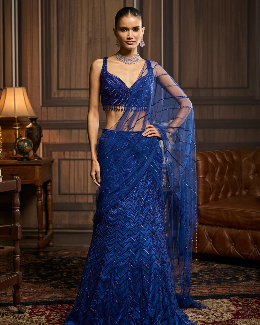 Diya Rajvvir - Electric Blue Embellished Blouse And Pre-Draped Dhoti Saree Set from Taara