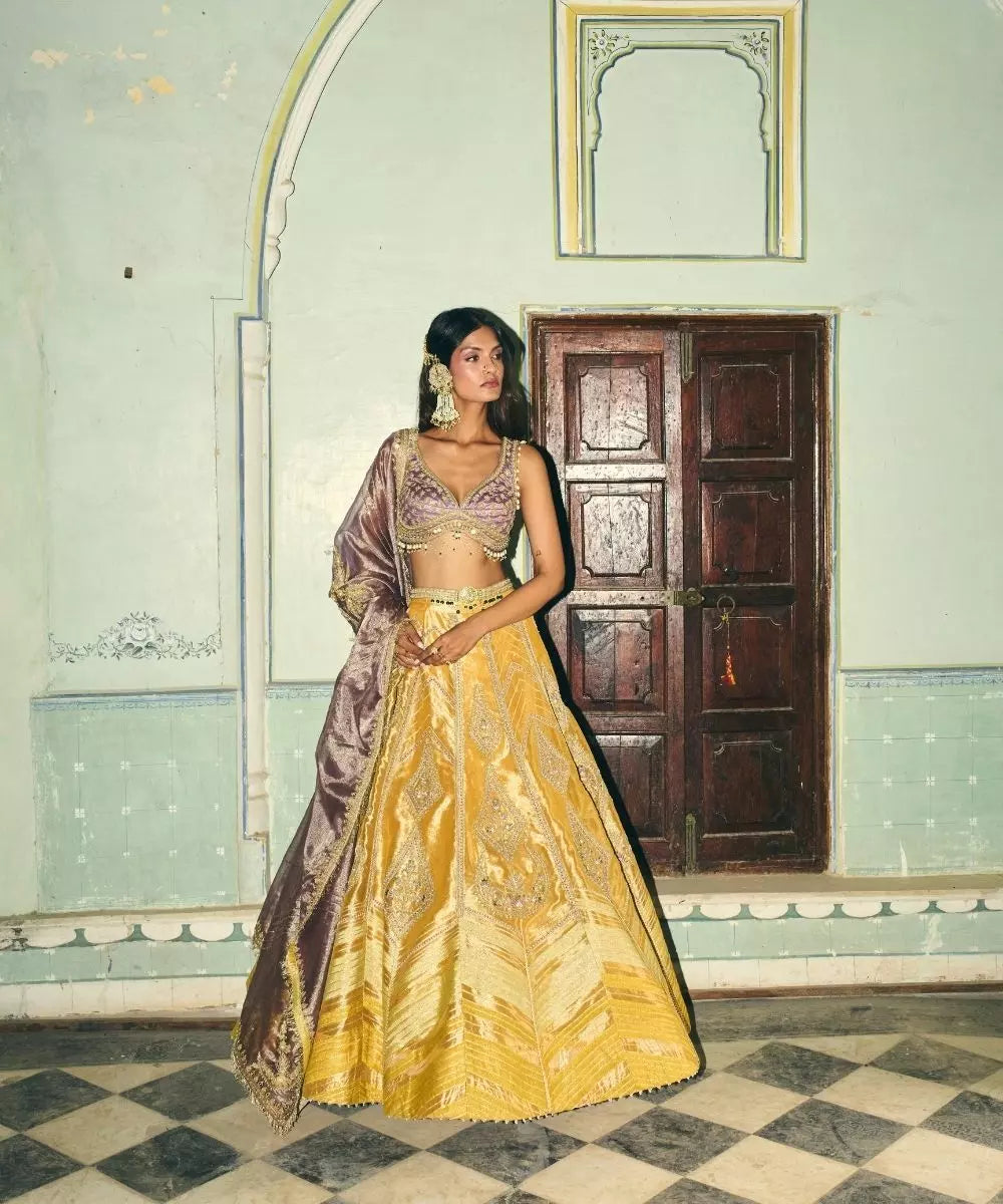 Aditi Gupta - Mustard Yellow Zari tissue with Lilac tissue dupatta Lehenga Set