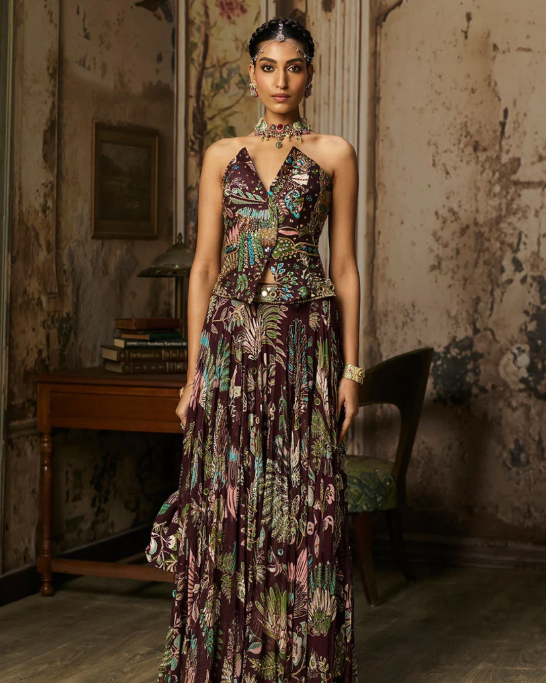 Diya Rajvvir - Plum Print And Highlighted Blouse With Skirt Set from Bahaar