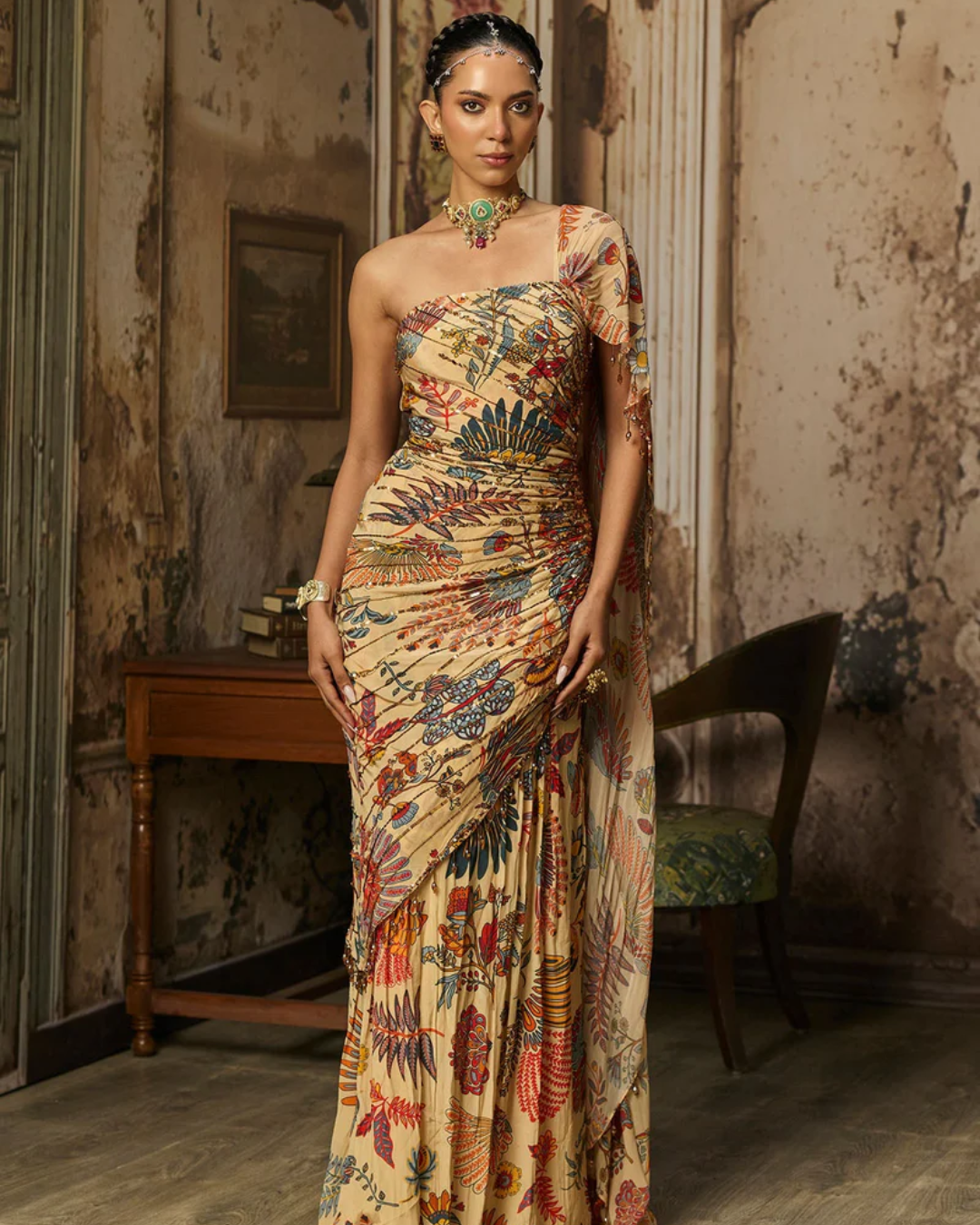 Diya Rajvvir - Beige Printed And Highlighted Drape Gown Saree from Bahaar