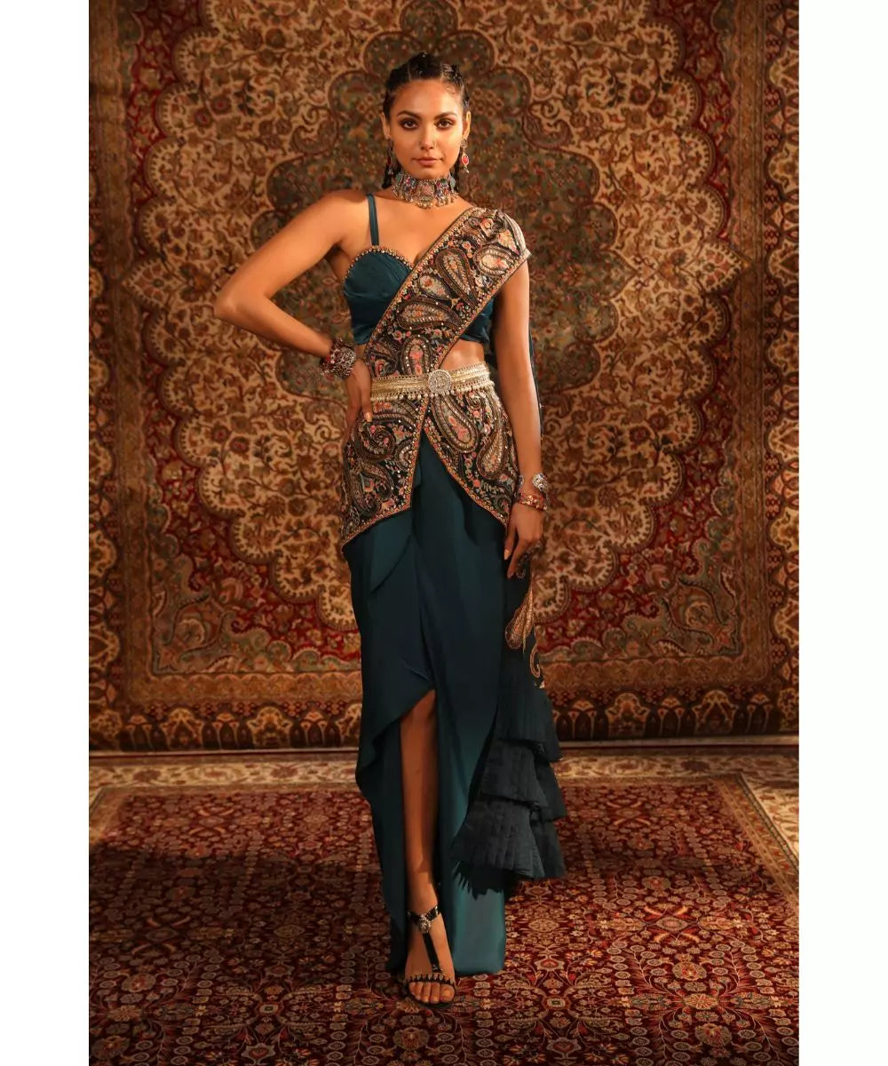 ADITI GUPTA - Teal jamawaar Blouse with Draped Skirt