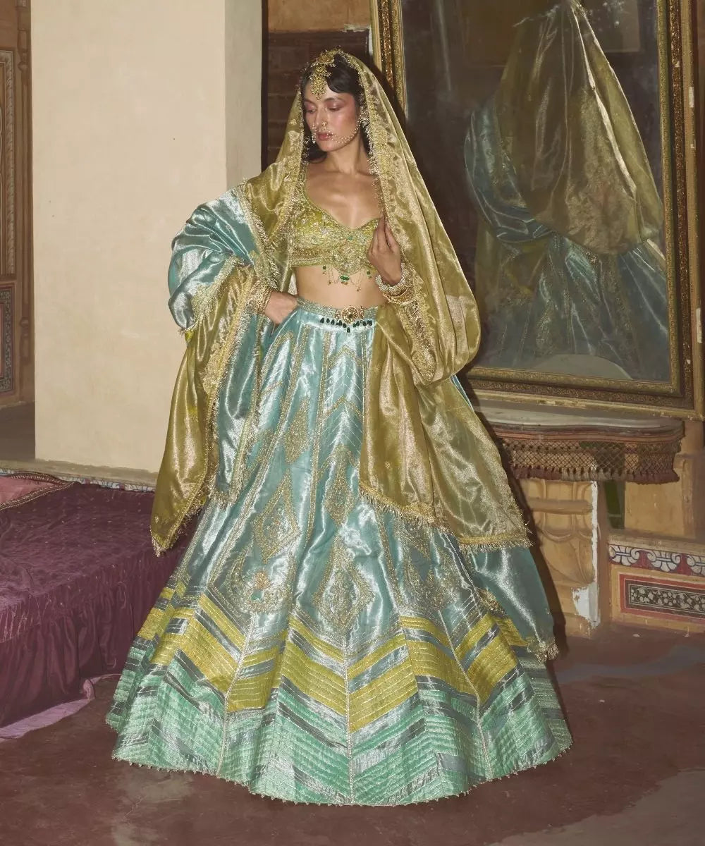 Aditi Gupta - Ice Blue  Silk Zari tissue with Olive Bloom tissue dupatta Lehenga Set