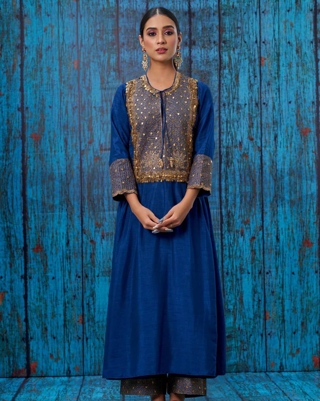 Niti Bothra - Blue Lotus Yoke Heavy Neck Kurta Set (Sale Piece)