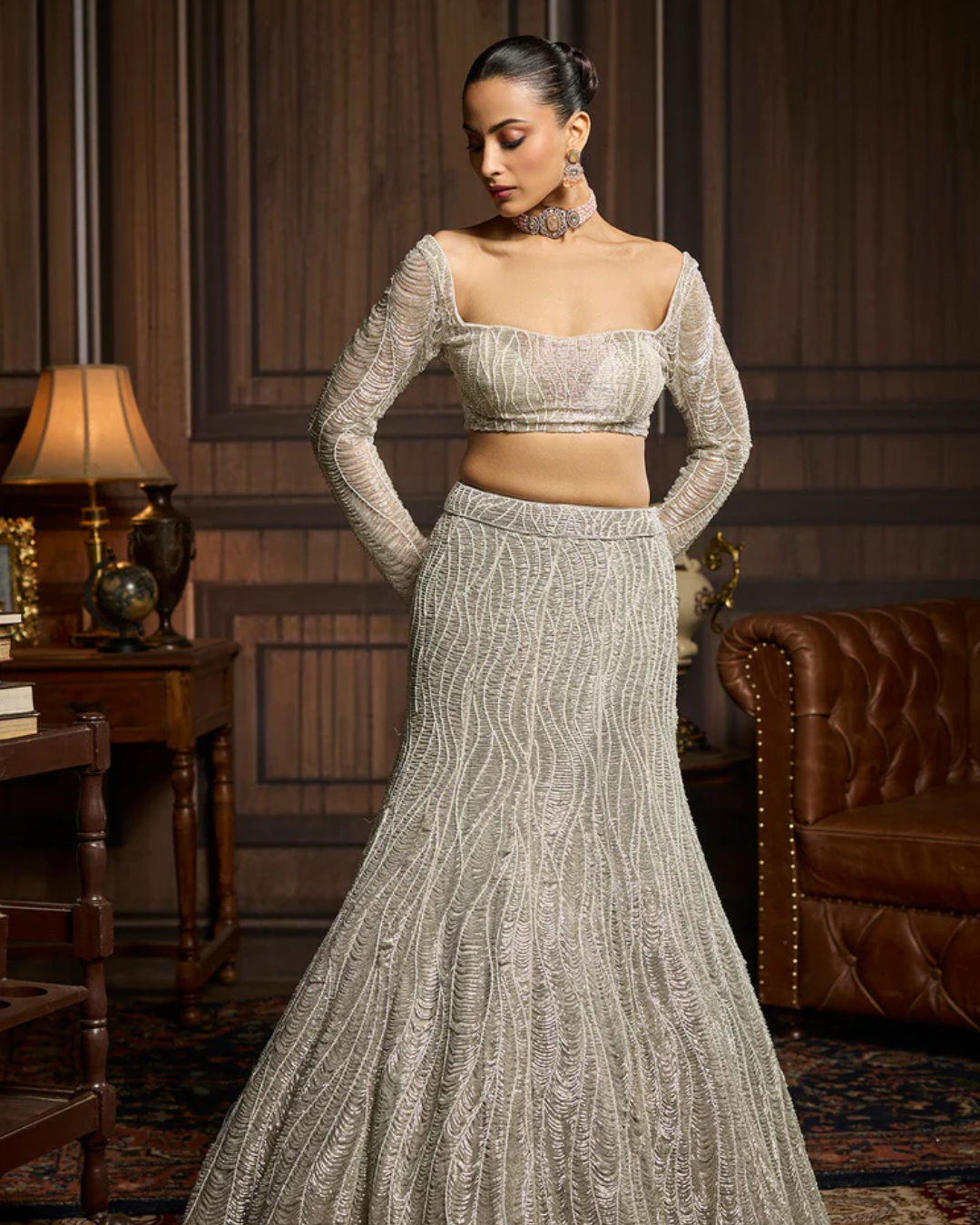 Diya Rajvvir - Silver Fully Embellished Mermaid Skirt Set from Taara