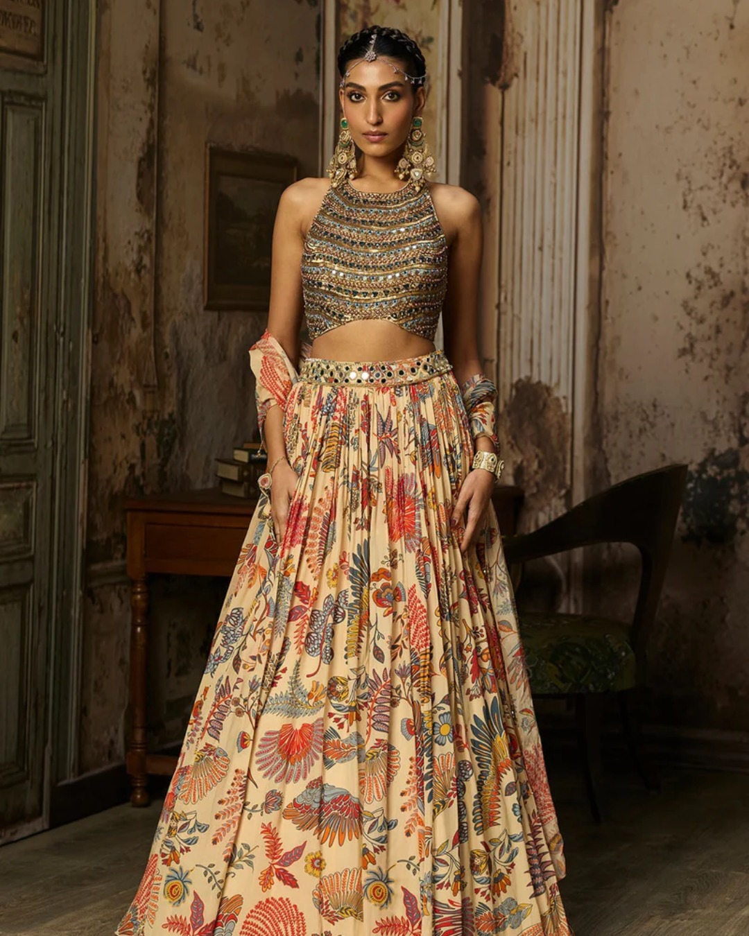 Diya Rajvvir - Beige Embroidered Blouse With Printed And Embroidered Lehenga Set from Bahaar
