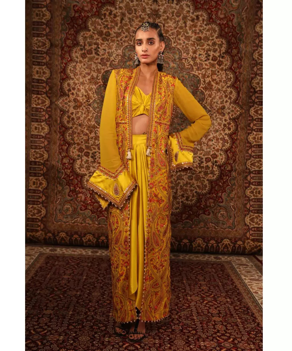 ADITI GUPTA - Mustard Blouse Draped Skirt and Jamawaar Jacket