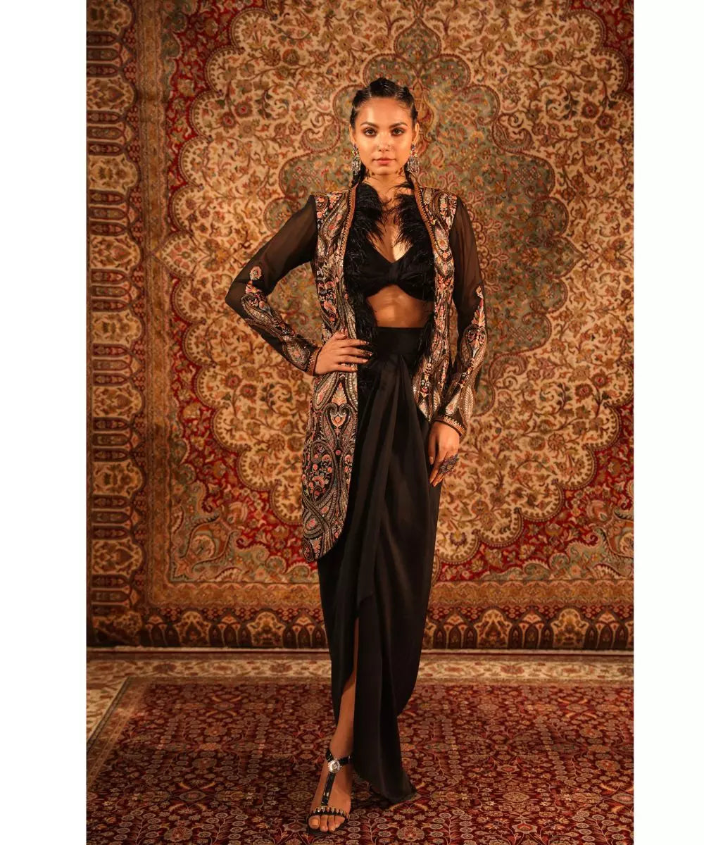 ADITI GUPTA  - Black Jamawaar Jacket with Fur knotted Blouse Draped Skirt