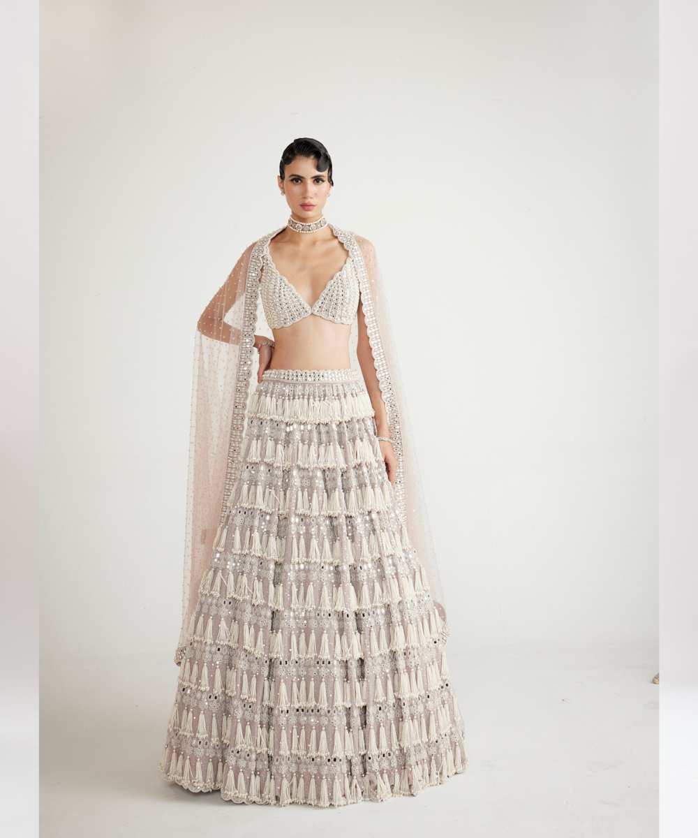 Ash Pink Chandelier Pearl Drop Lehenga Set - Collection name Piroi by Vvani vats