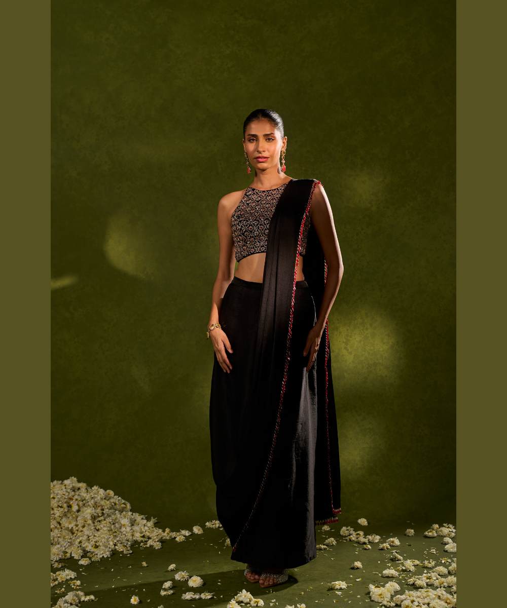 AANYA SAREE - Soft silk dhoti saree paired with a delicately embroidered velvet halter neck blouse -  Leher by Chamee and Palak