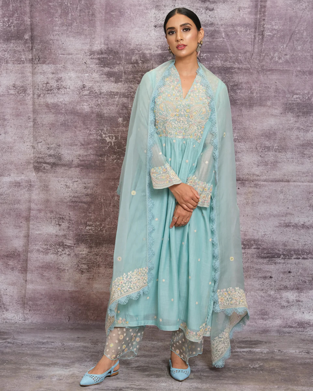 Niti Bothra - Light Blue Dori Paisley Frock Style Kurta Set (Sale Piece)