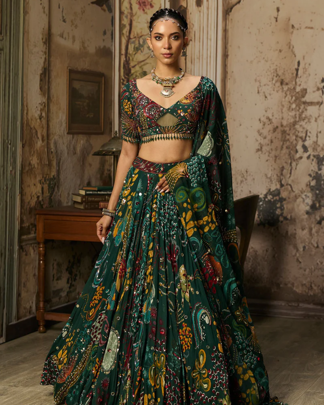 Diya Rajvvir - Dark Green Printed And Highlighted Lehenga Set from Bahaar