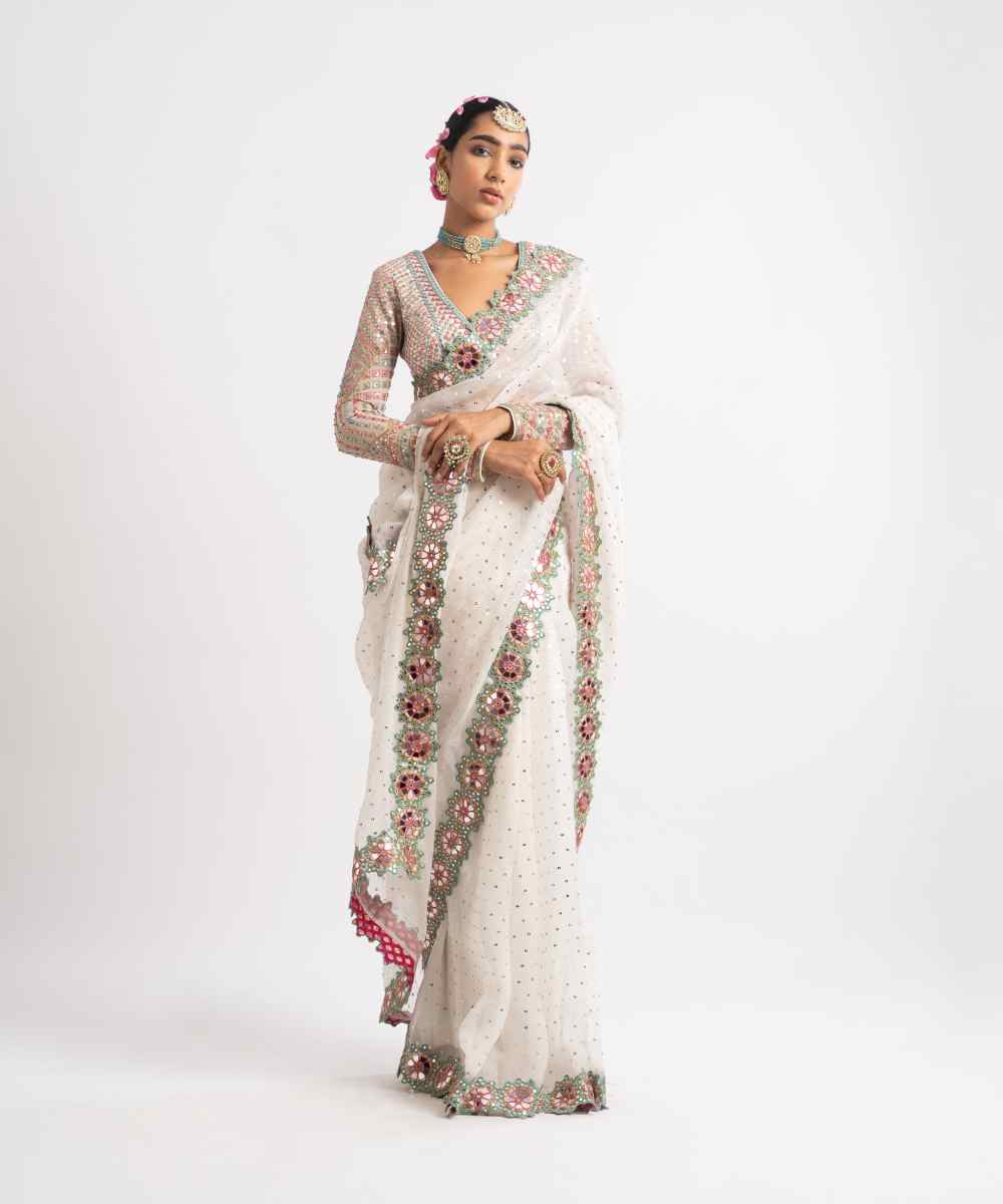White Hand Cut Mirror Border Saree Set - Collection name Rang by Vvani vats