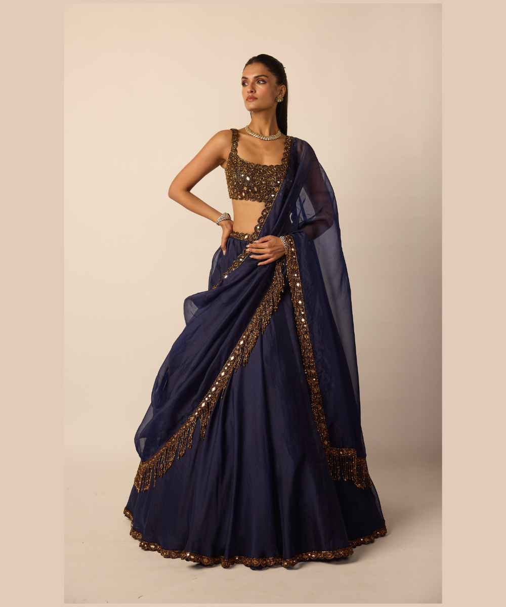 Deep Blue Tassel Dupatta Lehenga Set