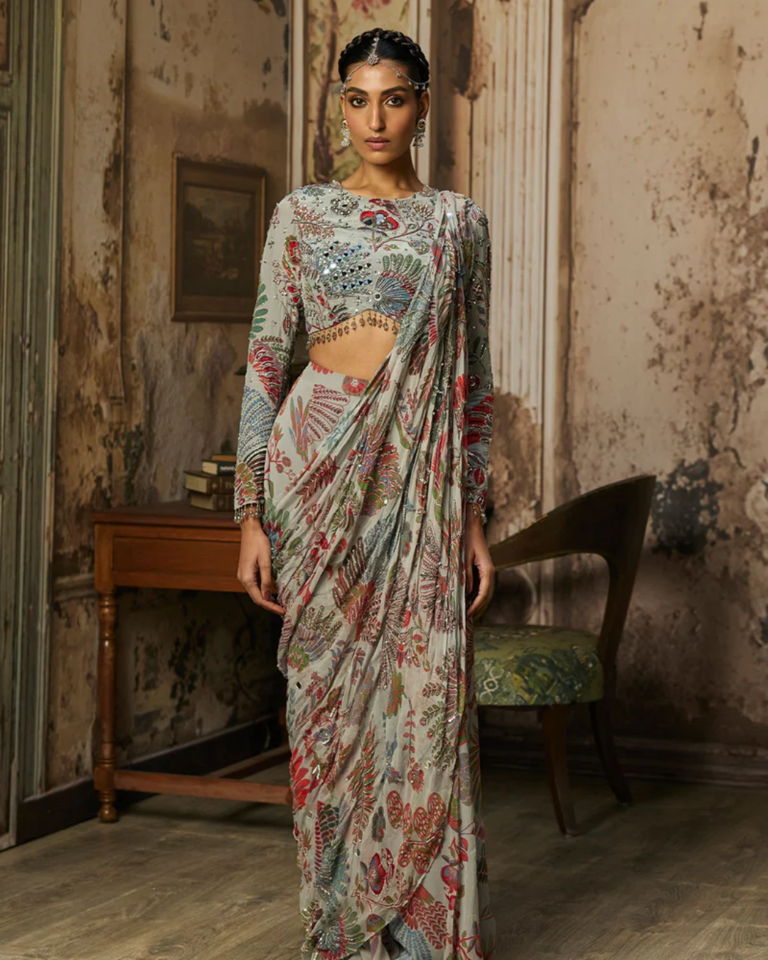 Diya Rajvvir - Slate Grey Printed And Highlighted Tiered Skirt Saree Set from Bahaar