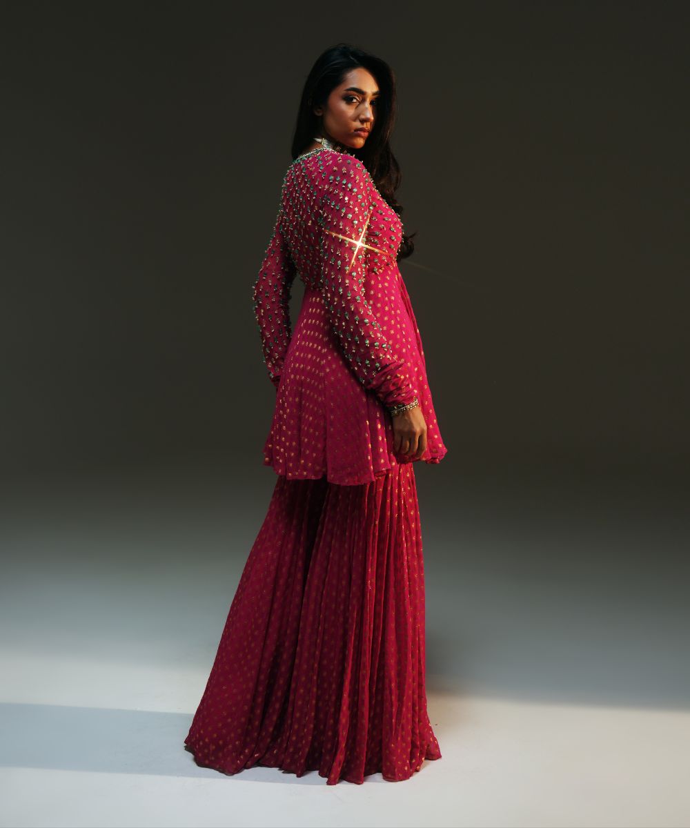 NAINA - HAND EMBROIDERED RANI PINK SHORT KURTA AND SHARARA - Mehfil by Mahima Mahajan