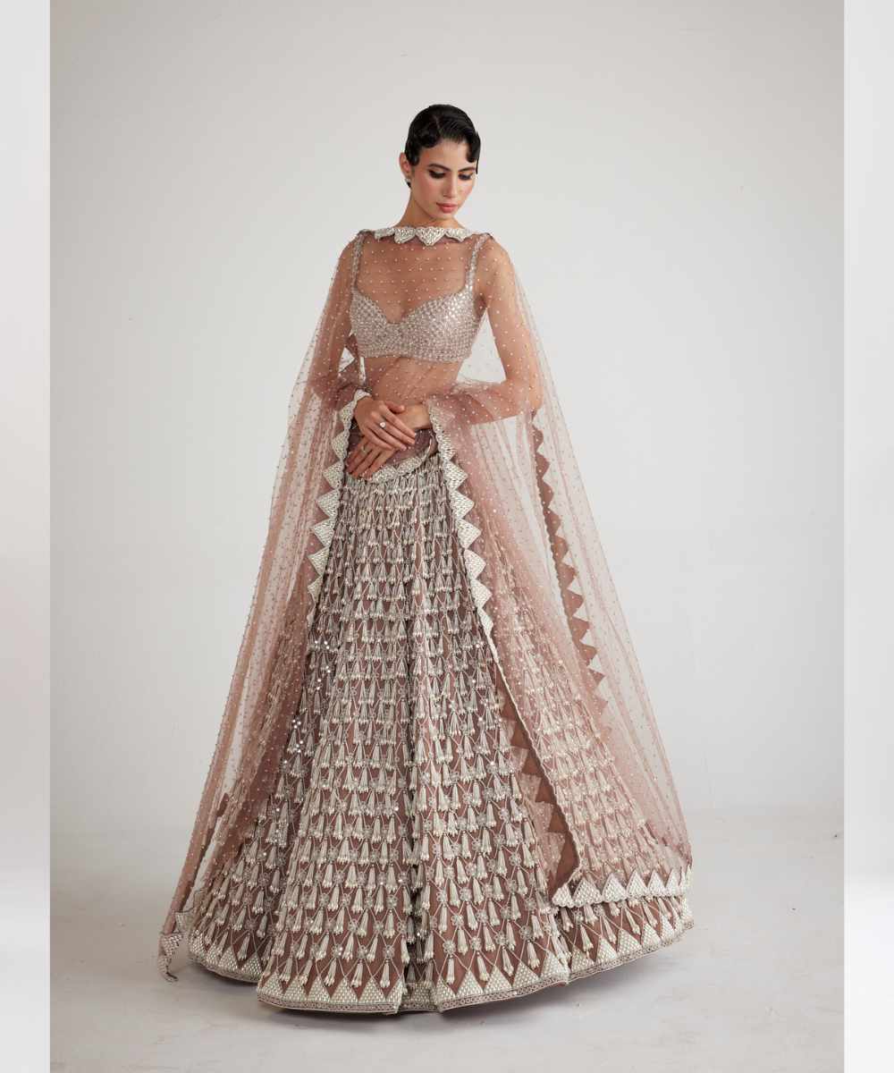 Deep Beige Chandelier Pearl Drop Lehenga Set - Collection name Piroi by Vvani vats