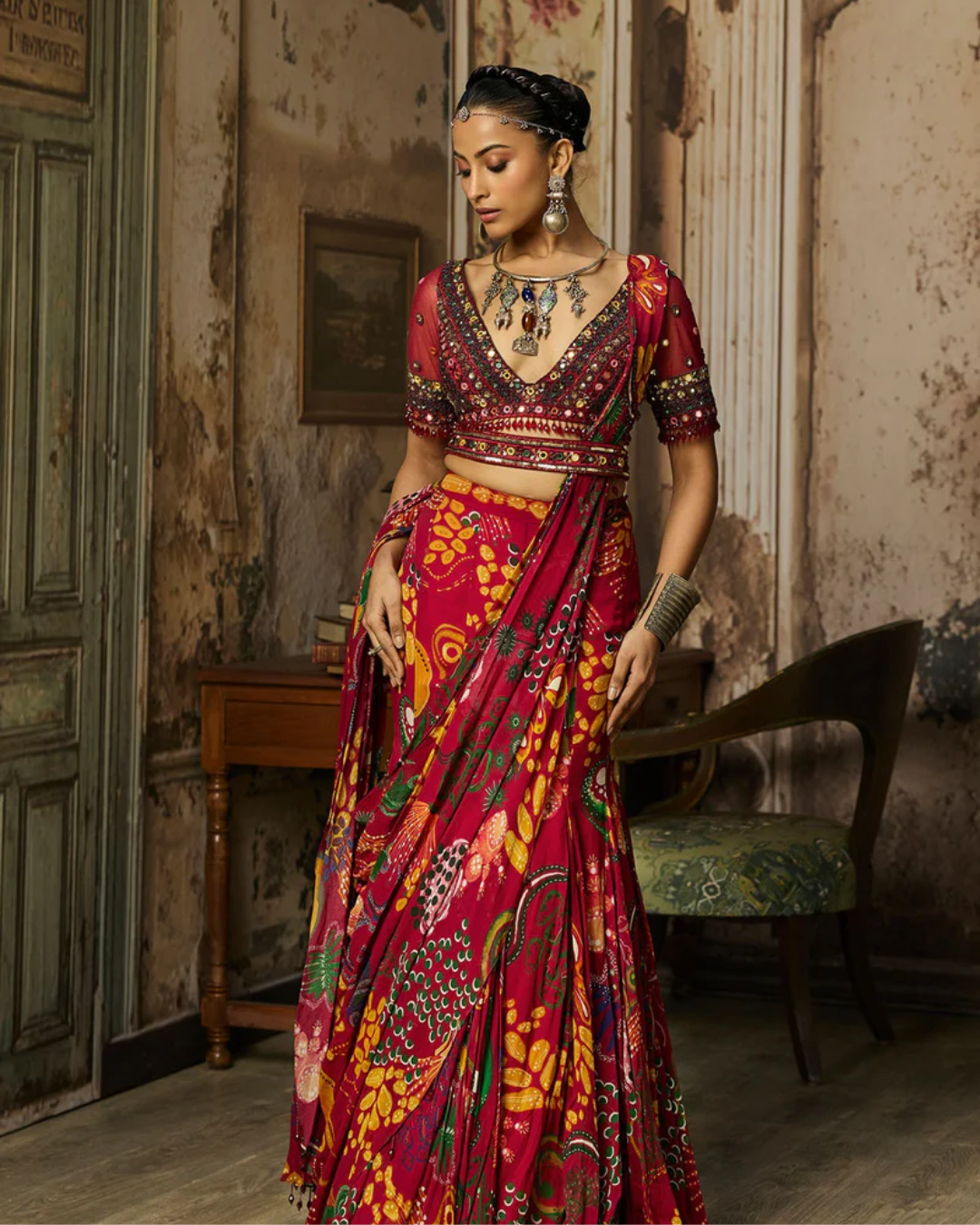 Diya Rajvvir - Deep Red Embroidered Blouse With Mermaid Skirt Saree Set from Bahaar