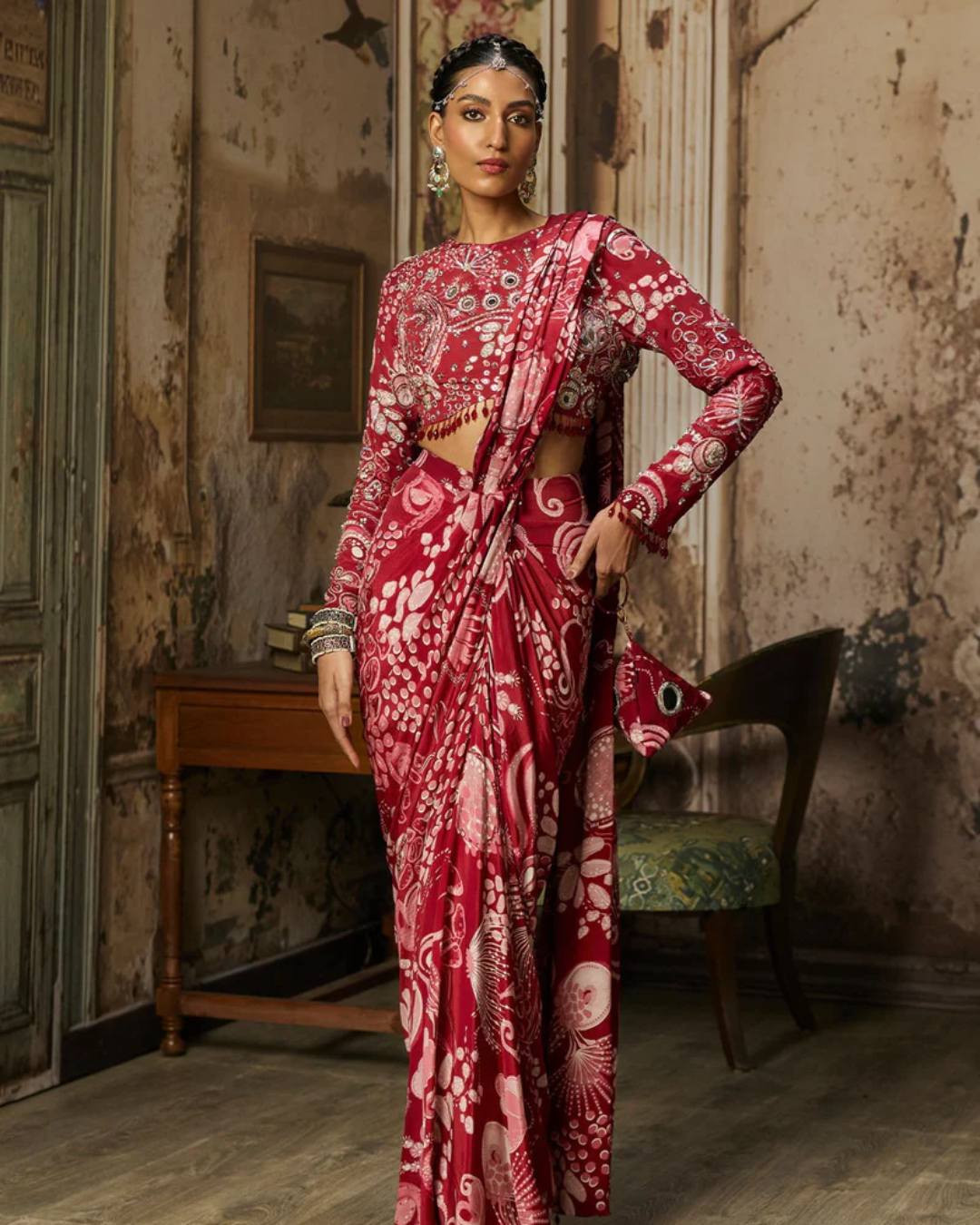 Diya Rajvvir - Scarlet Red Printed And Highlighted Dhoti Skirt Saree Set from Bahaar