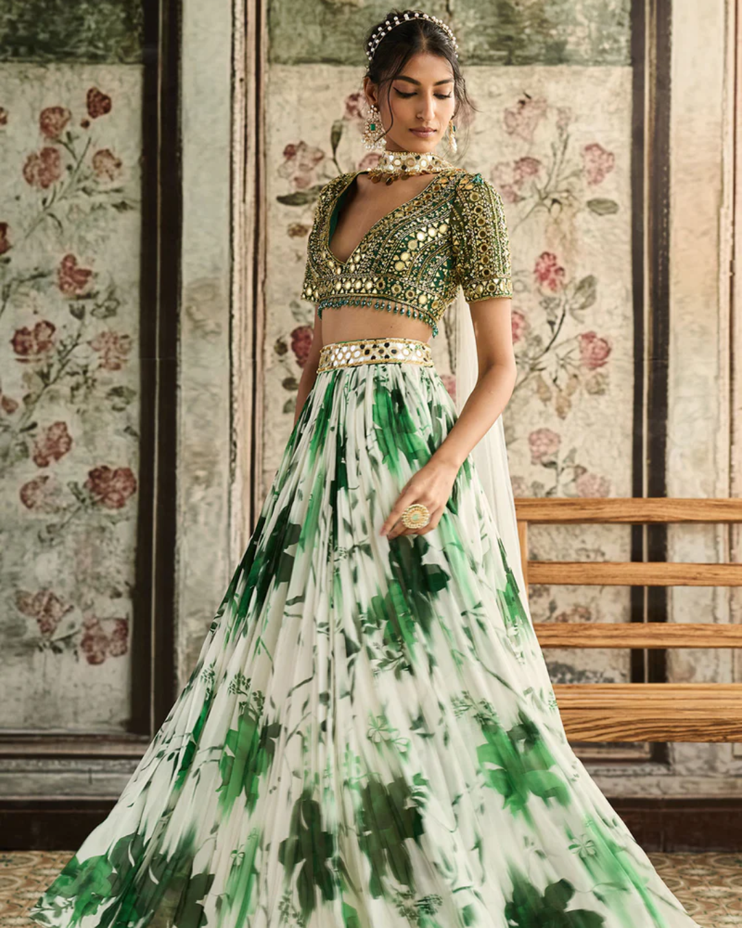 Diya Rajvvir - Ivory & Green Floral Printed Lehenga Set from Bahaar