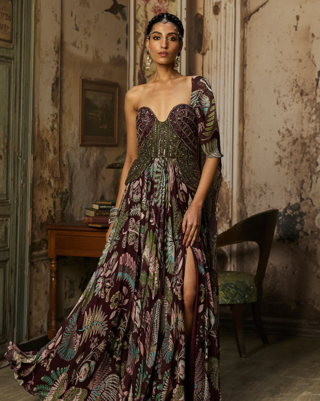 Diya Rajvvir - Plum Print And Highlighted Blouse With Skirt Set from Bahaar