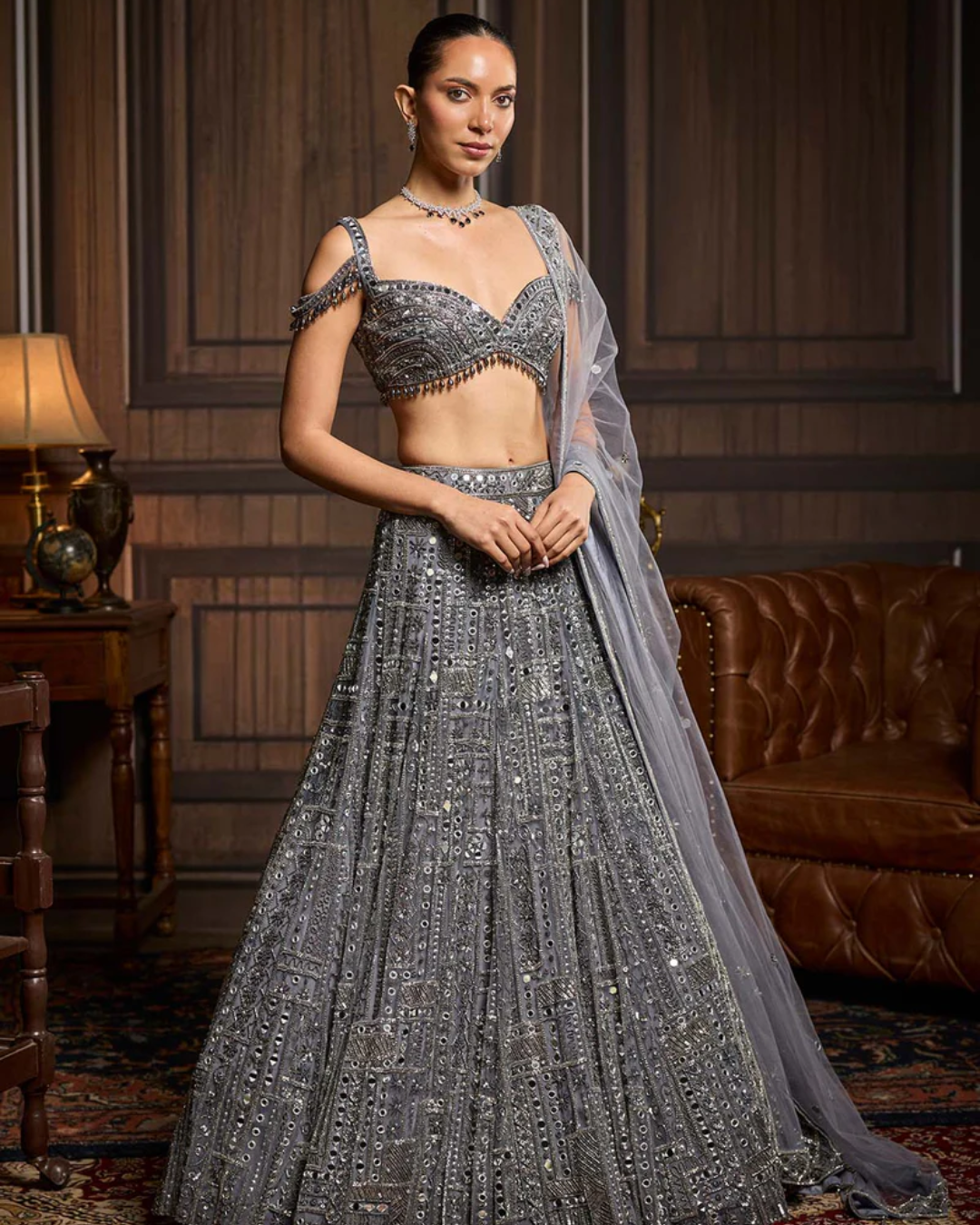Diya Rajvvir - Silver Embellished Mirrorwork Lehenga Set from Taara