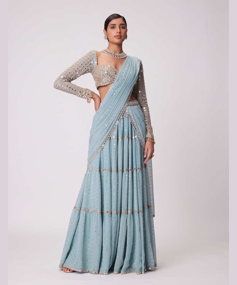POWDER BLUE MULTI TIER HAND EMBROIDERED SAREE SET - Collection name Jugmug Bride by Vvani Vats