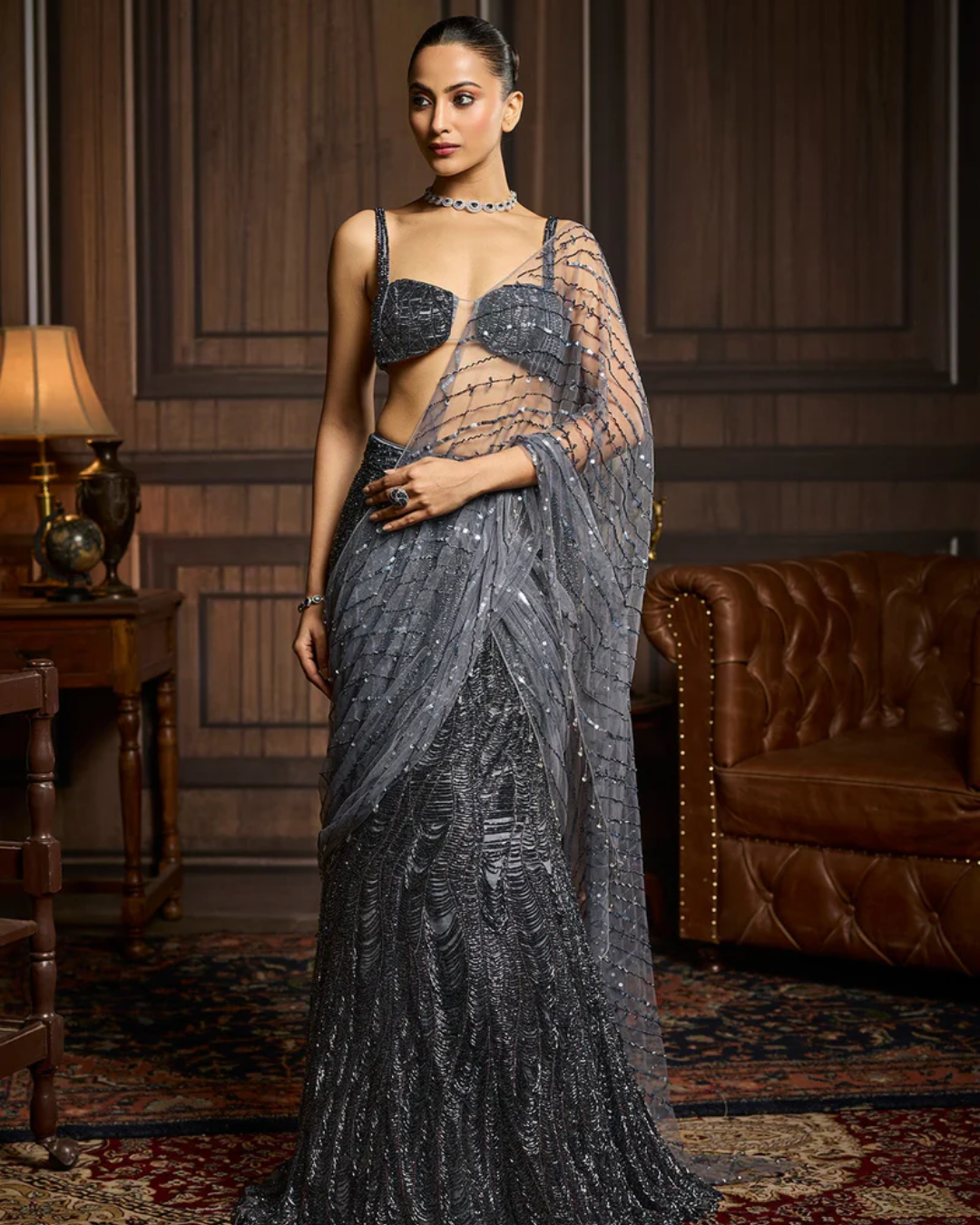 Diya Rajvvir - Gunmetal Embellished Pre-Draped Skirt Saree Set from Taara