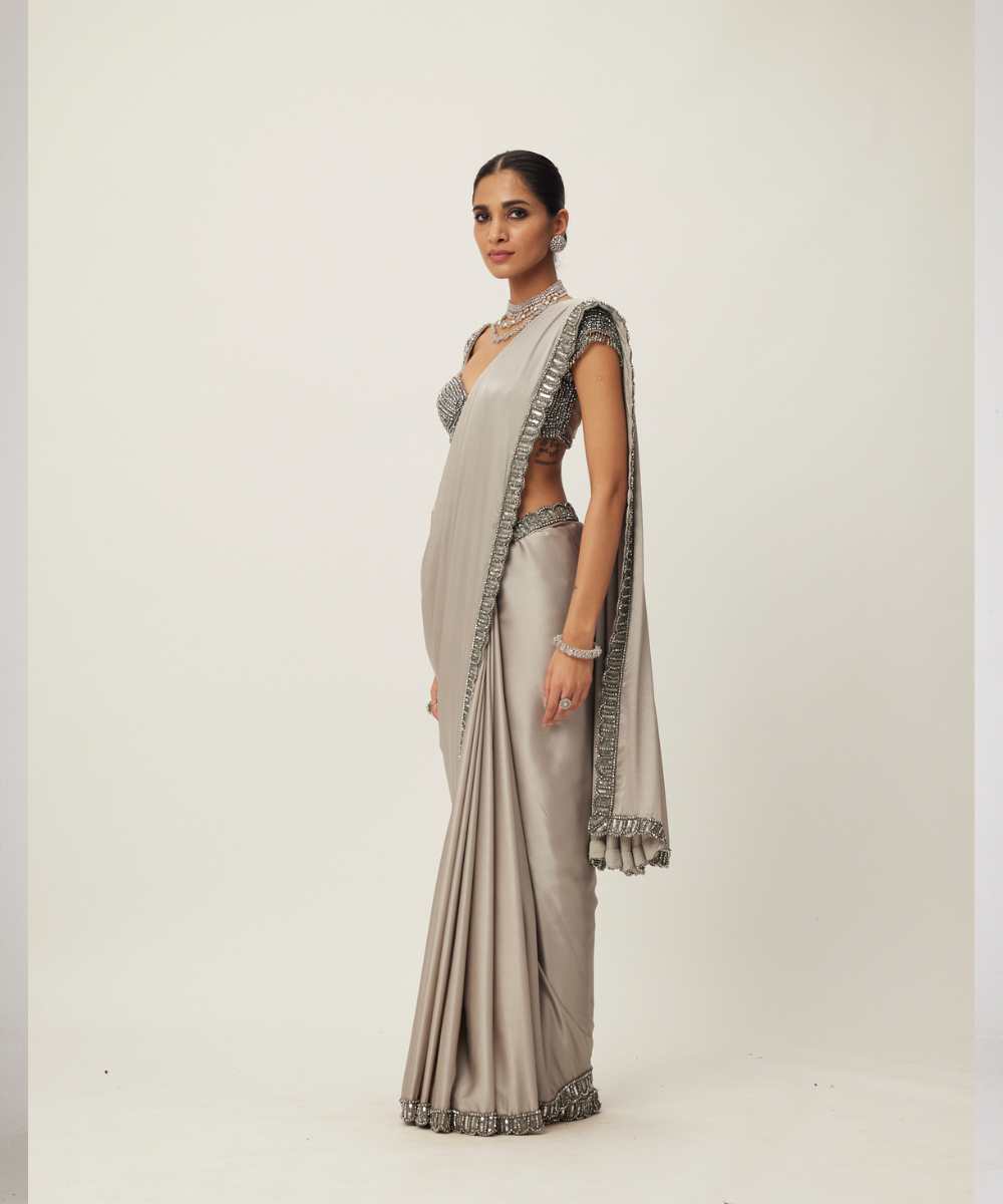 Crystal Grey Satin Saree Set - Collection name Maya by Vvani Vats