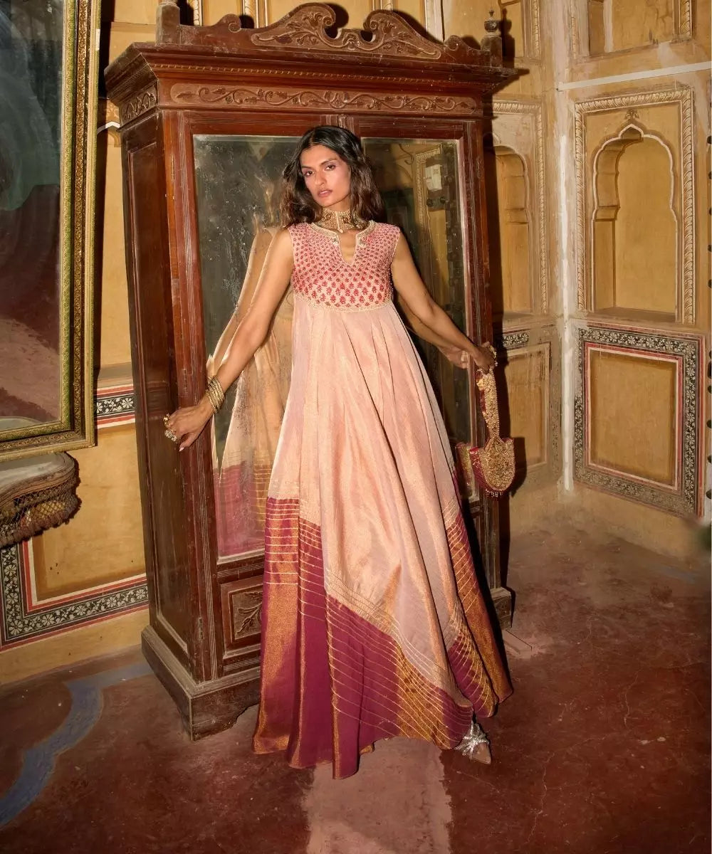 Aditi Gupta - Rose Gold and Hot pink Choga in cotton tissue