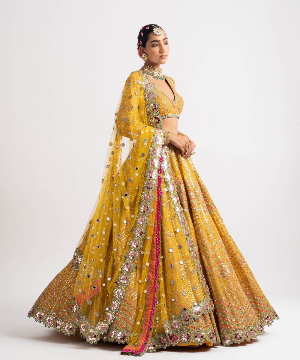 Yellow V Neck Heavy Multi Color Lehenga Set - Collection name Rang by Vvani vats