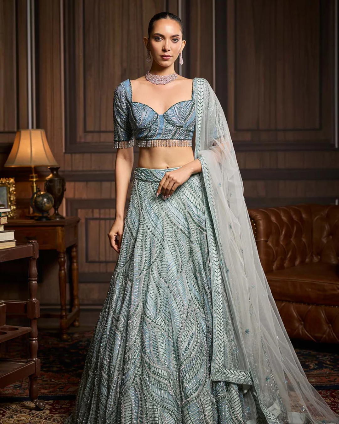 Diya Rajvvir - Ice Blue Fully Embellished Lehenga Set from Taara
