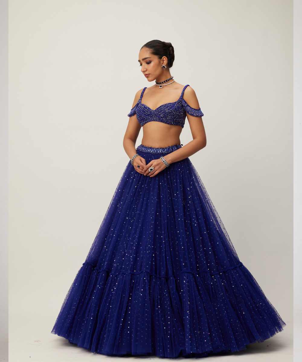 cocktail Blue Sequins Scattered Tulle Lehenga Set -  Collection name Maya by Vvani Vats