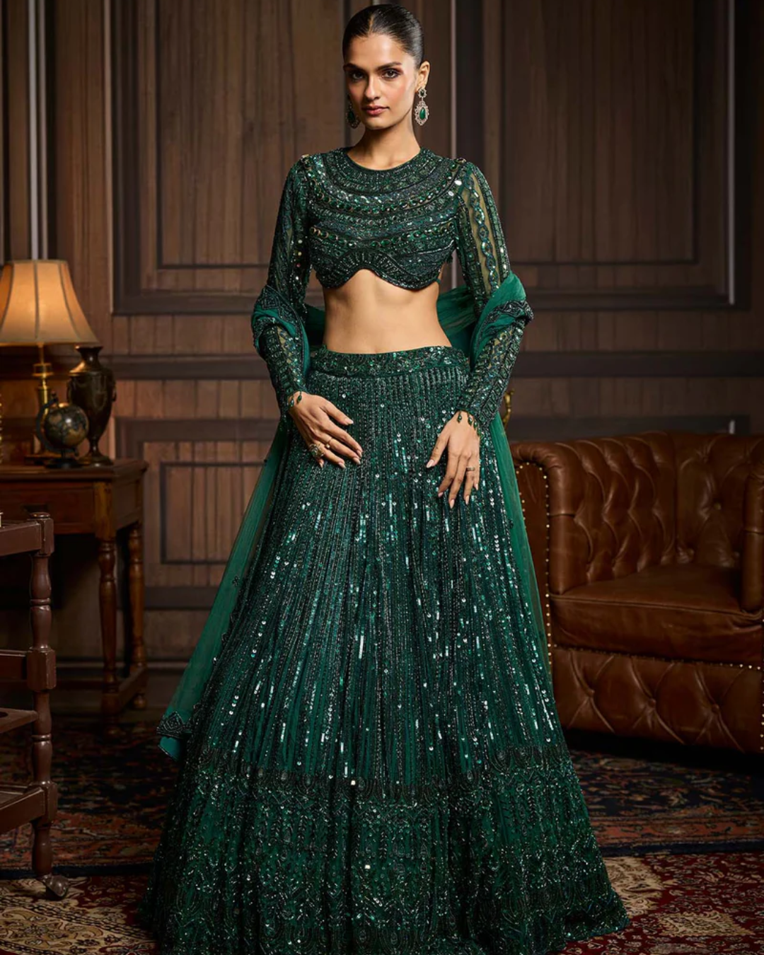 Diya Rajvvir - Emerald Green Embellished Lehenga Set from Taara