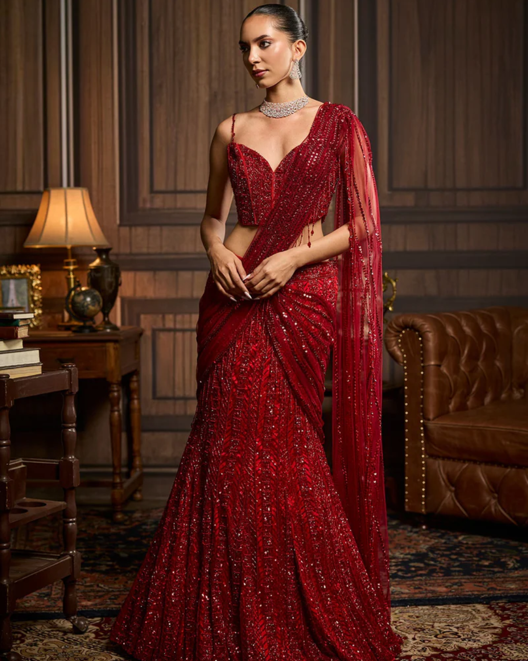 Diya Rajvvir - Red Embellished Blouse And Pre-Draped Dhoti Saree Set from Taara