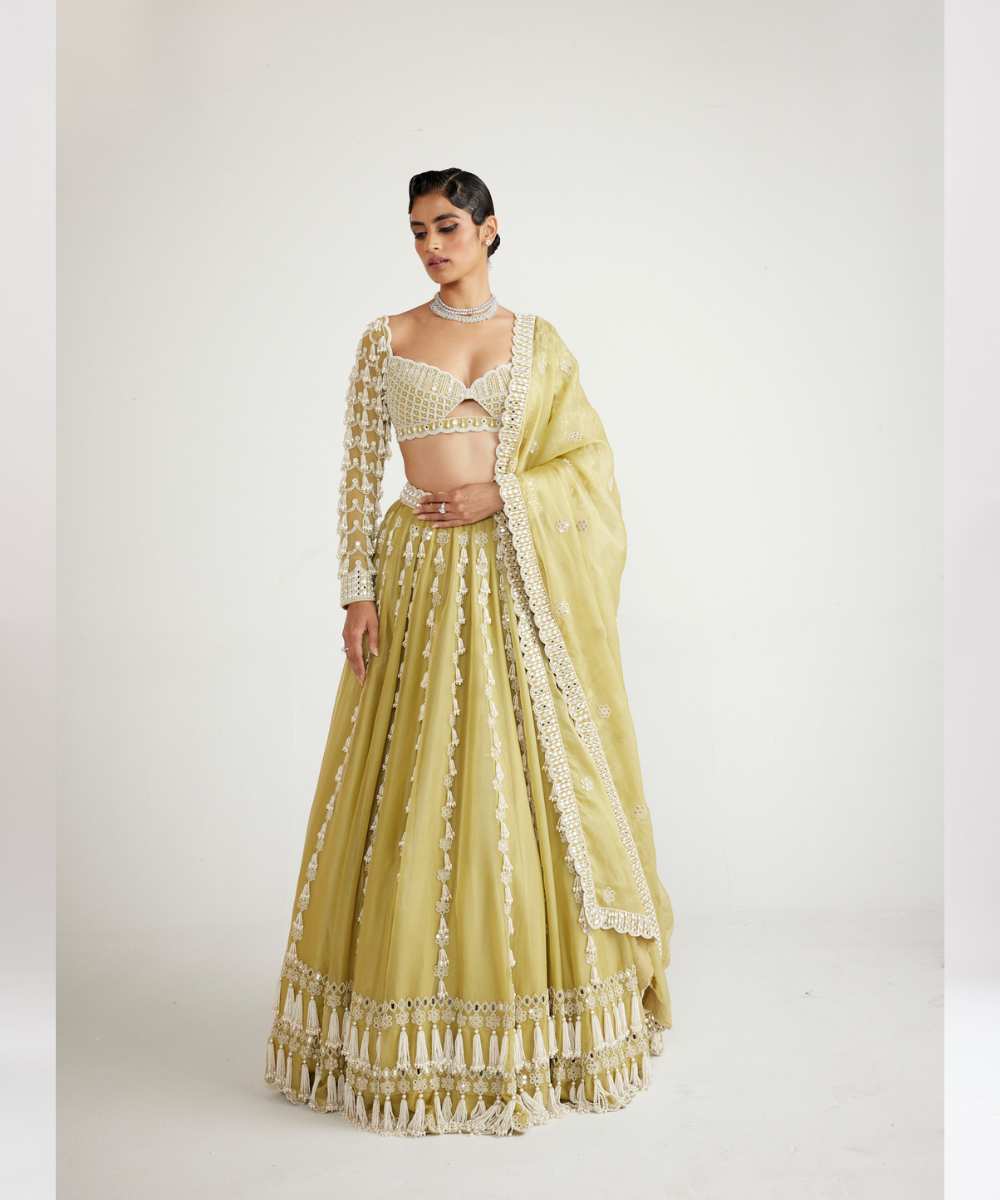 Fern Green Chandelier Pearl Drop Full Sleeve Lehenga Set - Collection name Piroi by Vvani vats